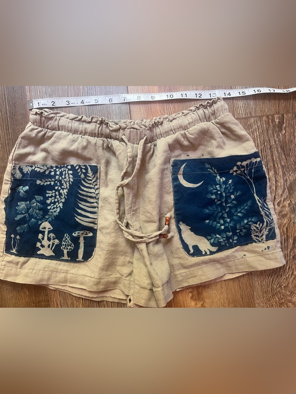 Forever 21 Beige Linen Rayon blend Shorts with handmade Cyanotype Print